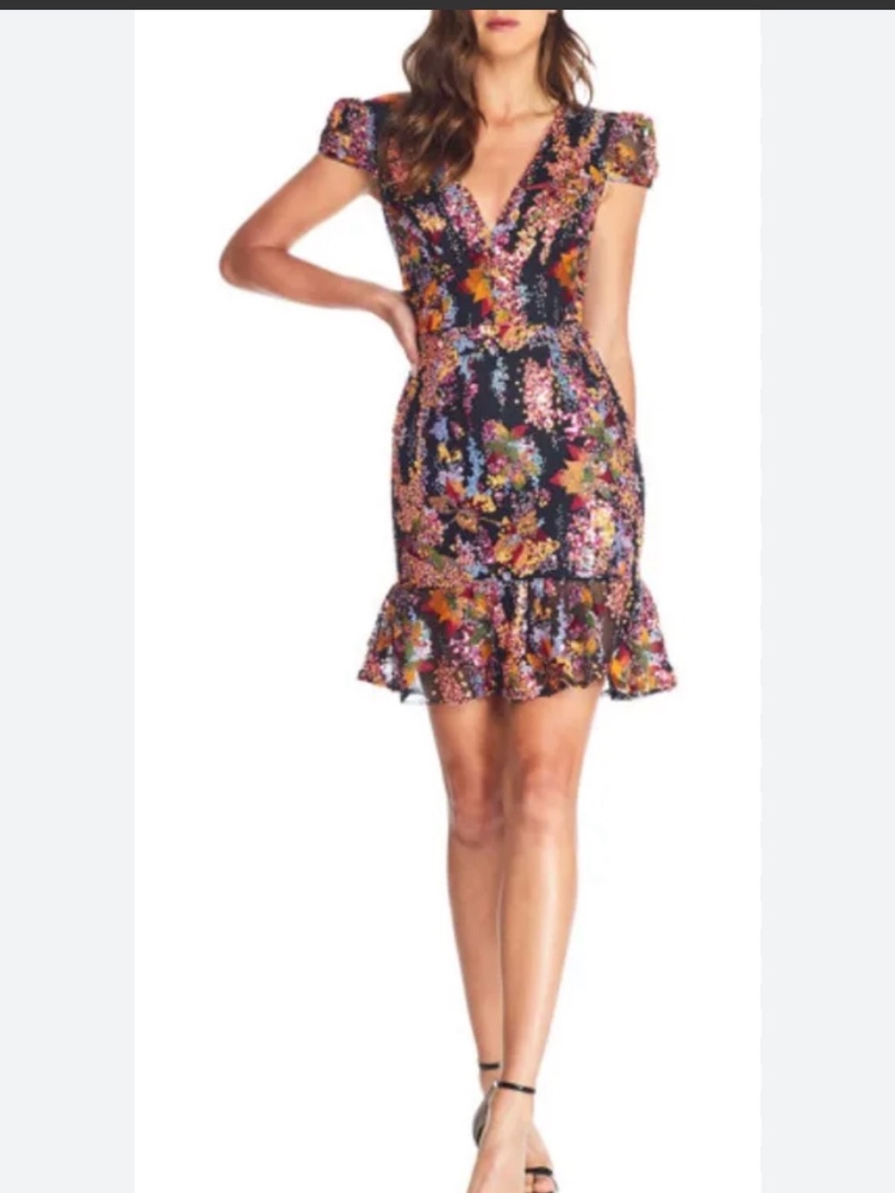 Dress the Population Black Sequin Floral Mini Dress with Pink and Gold Accents